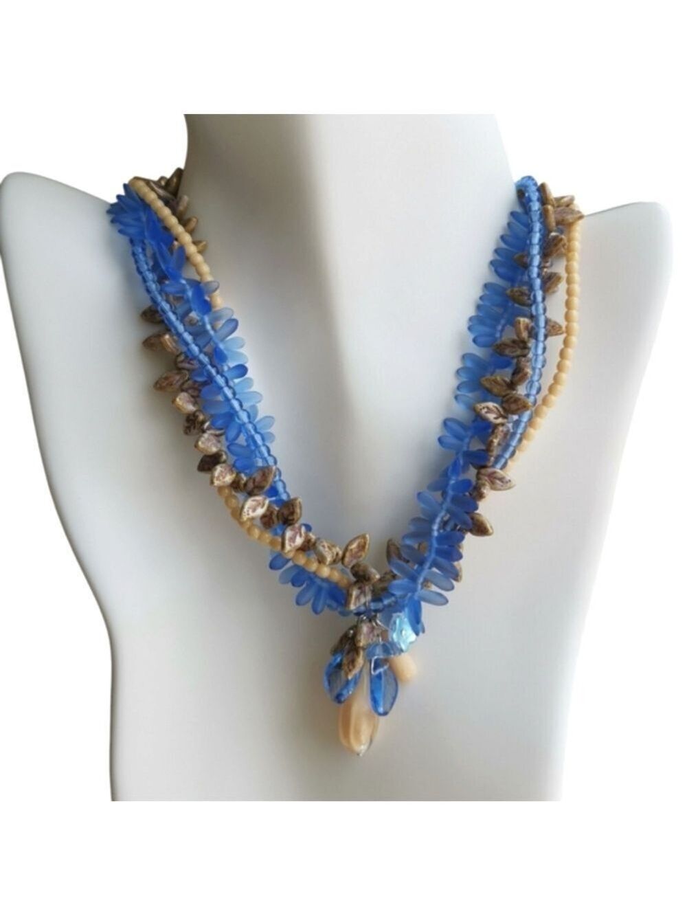 Vintage Czech Art Glass Fire Polished Bead Necklace Blue Beige